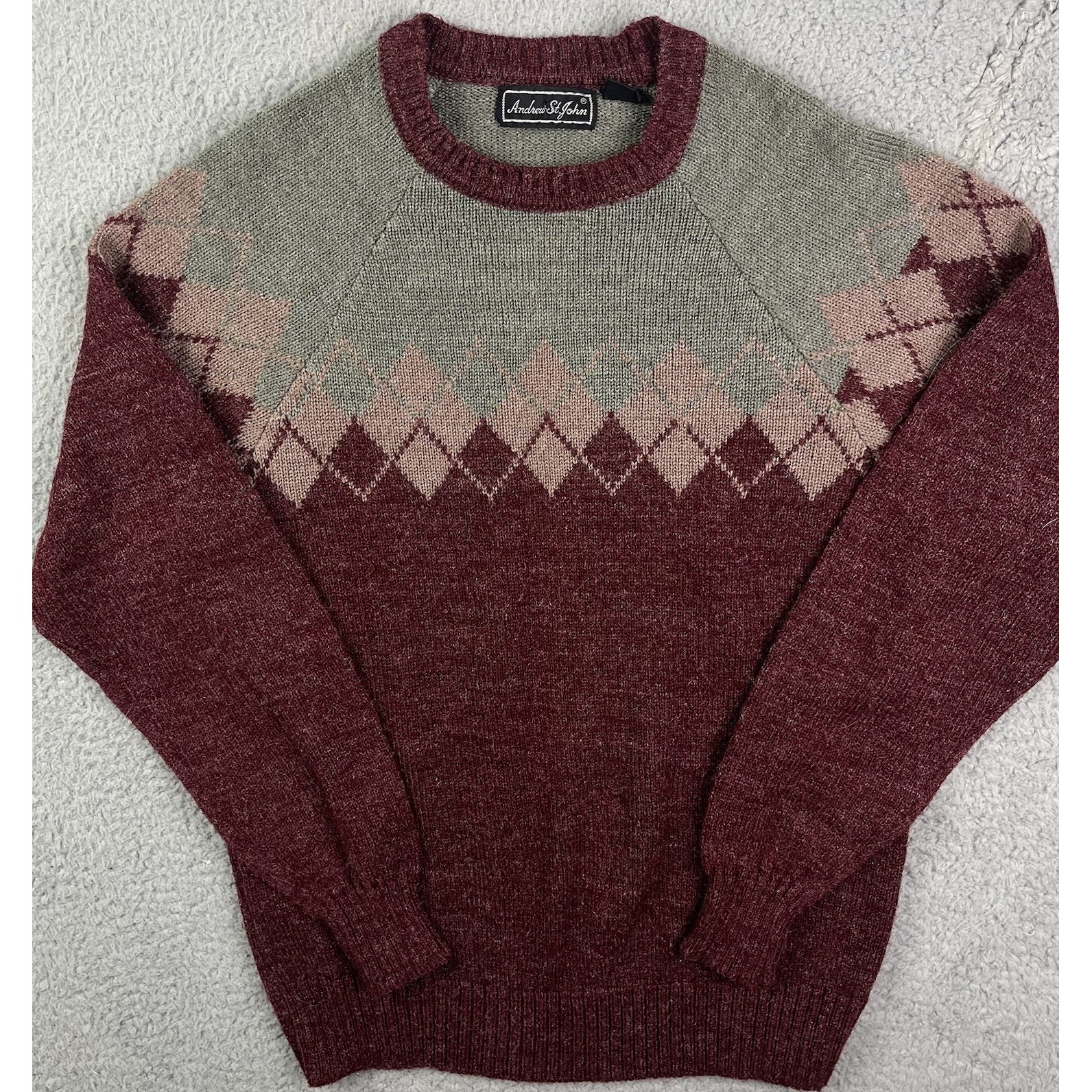 Vintage Andrew St John Sweater Grey Red Patterned Acrylic Crewneck 90s Large